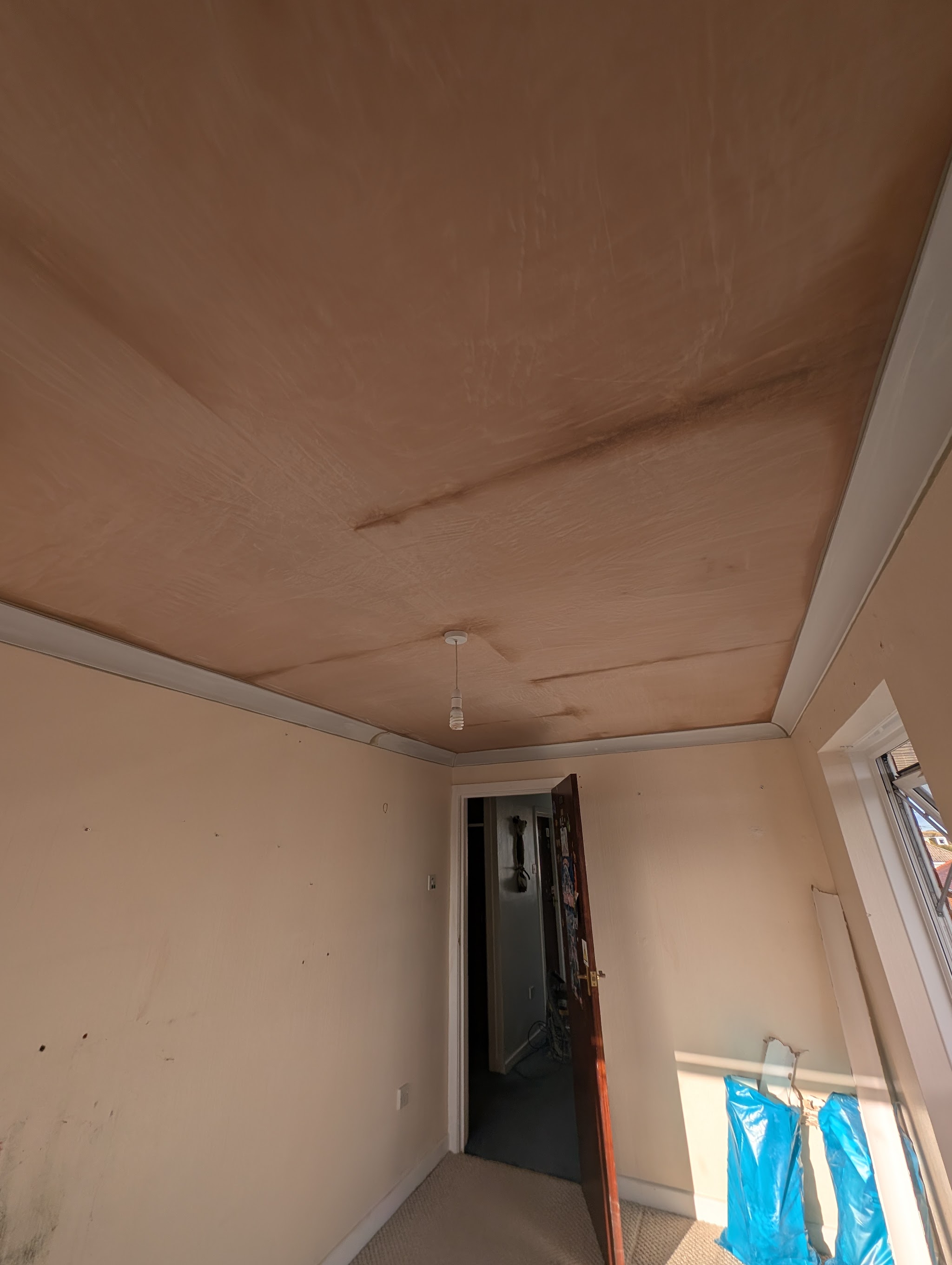 A room with its walls and ceiling freshly skimmed, still drying