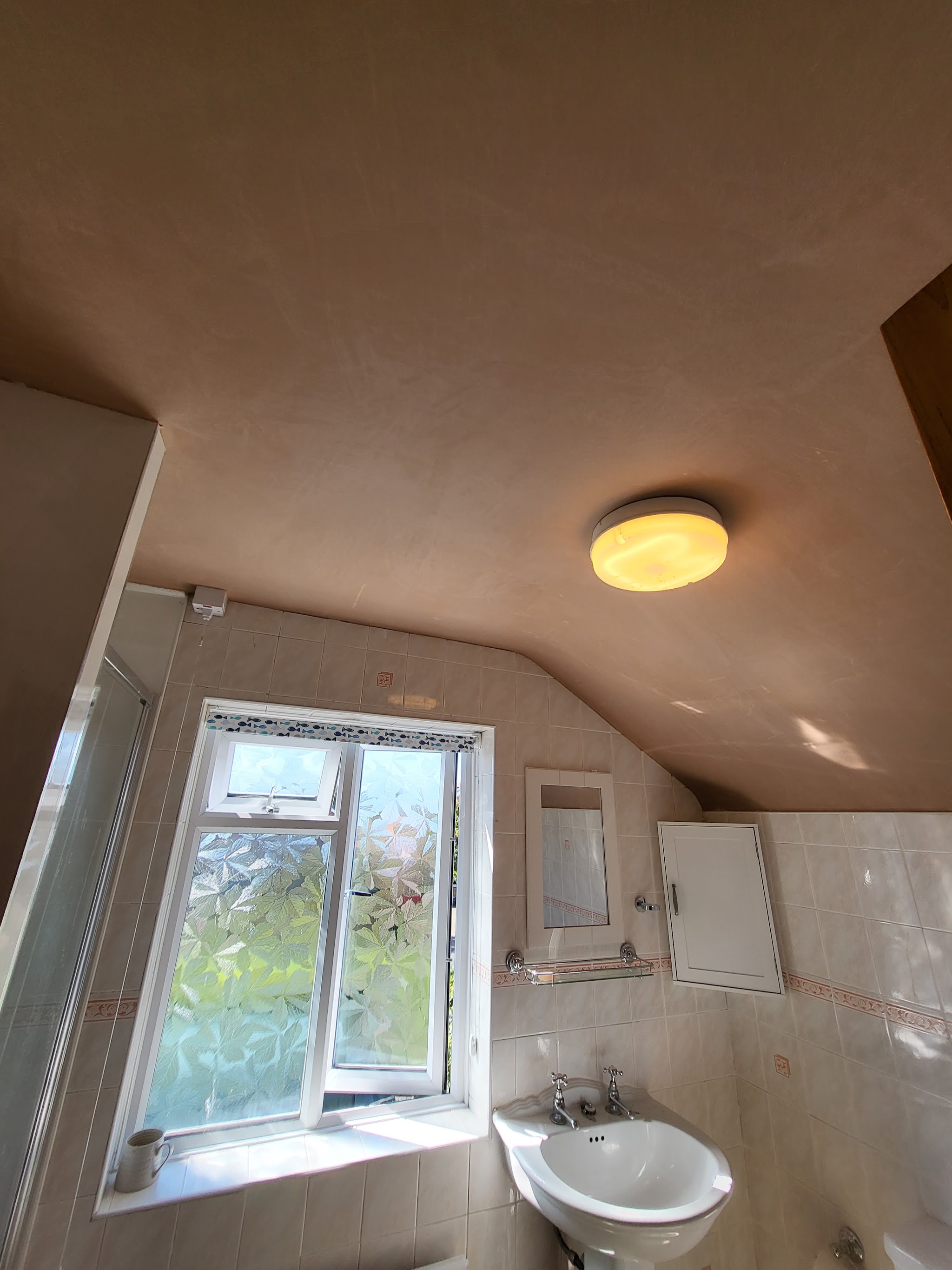 Bathroom ceiling freshly plastered around the light